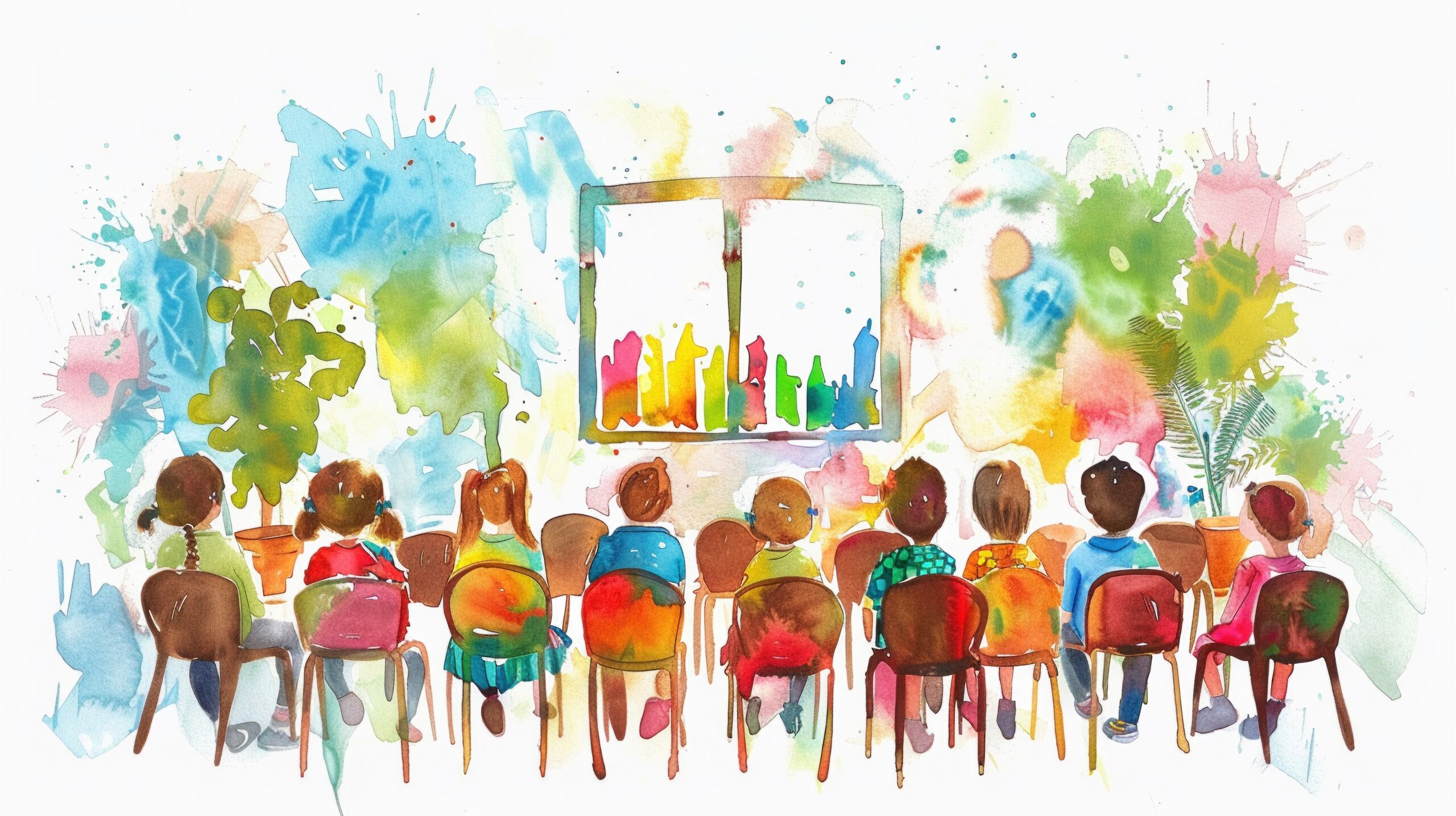 Watercolor art of a cheerful Christian Sunday school classroom, filled with joy and learning, cute style on white
