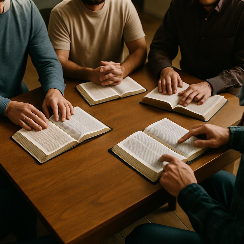 Group of men sitting around a table reading their Bibles