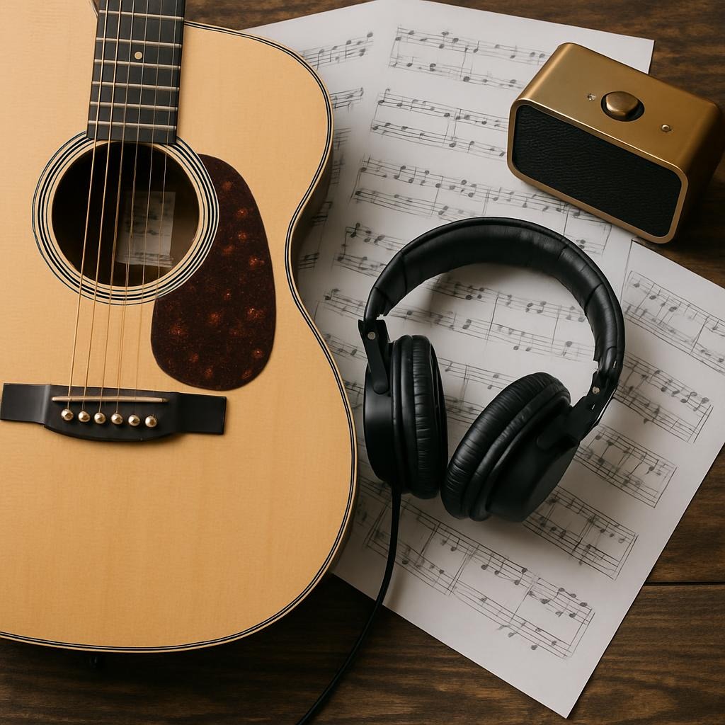 Guitar and headphone sitting on top of sheet music